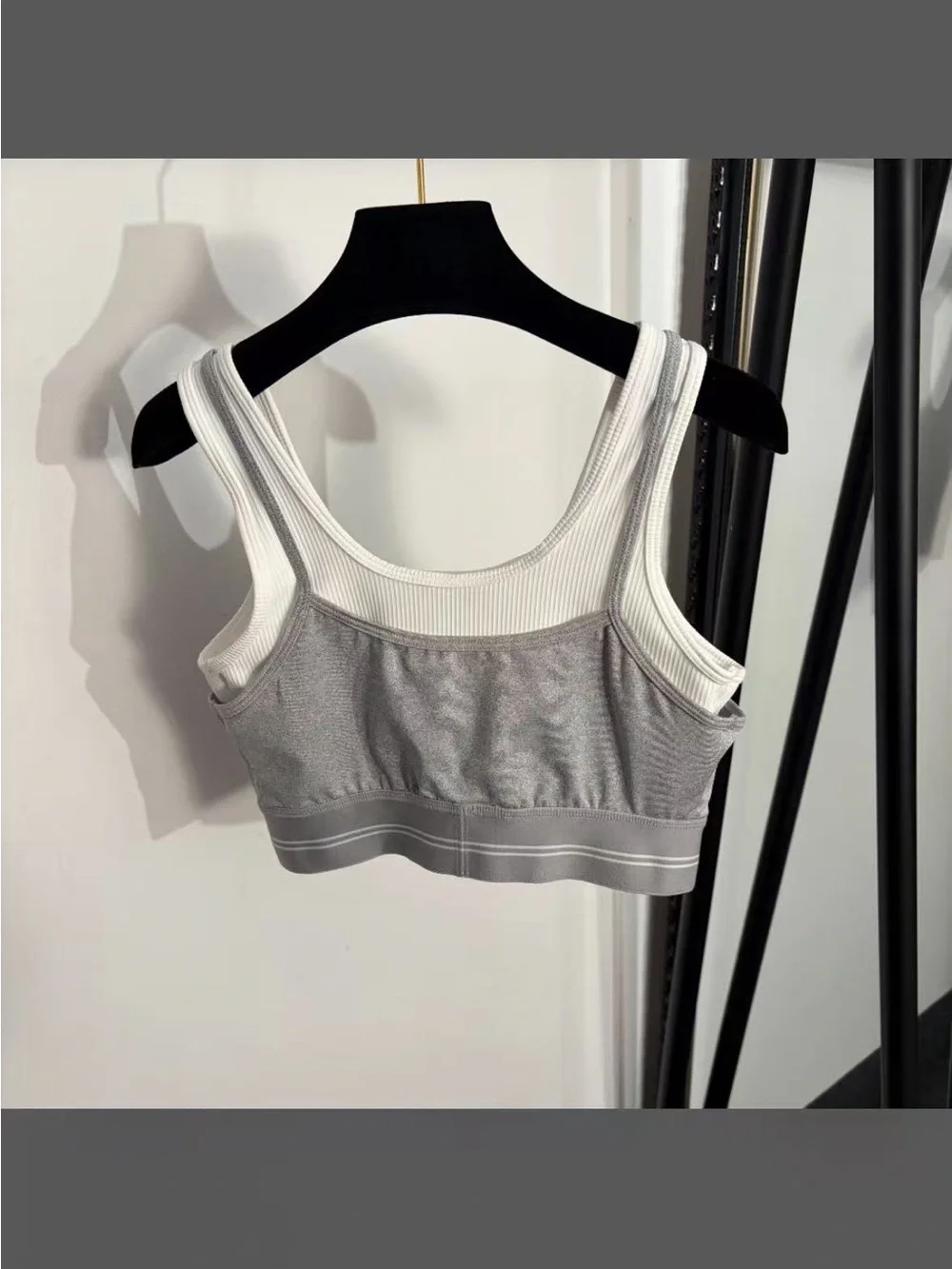 ALO Yoga Grey and White Ribbed Bralette & Mini Skirt Set